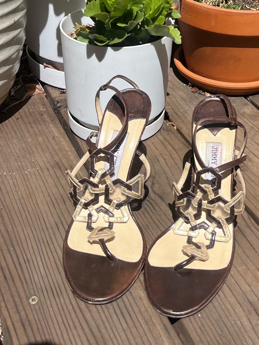 Vintage Jimmy Choo Y2K Brown and Gold Geometric T-Strap Strappy Sandal Heels
